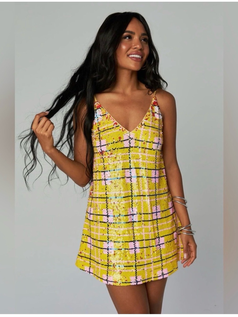 Buddy Love Yellow Plaid Sequin Mini Dress
